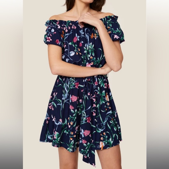 Slate & Willow Floral Print Tie Waist Puff Sleeve Scoop Neck Mini Dress Blue M - Picture 1 of 8